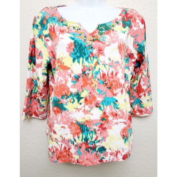 Ruby Rd. Pink Teal Yellow Abstract Print Rhinestone Bodice Top Large Lightweight - Picture 1 of 5